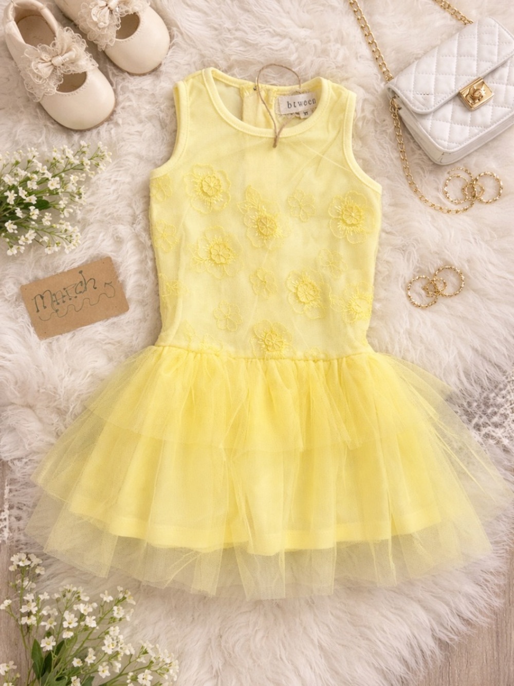 New Boutique Tulle Floral Overlay Dress 2T Toddler Girl btween Dainty Yellow
